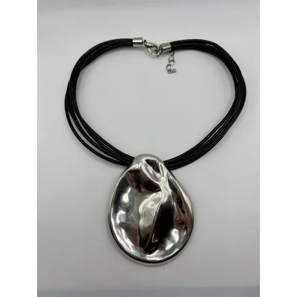 Large Chunky Silver Disc Pendant Cord Necklace Modernist Boho - Picture 2 of 3